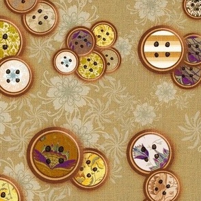 12” repeat Patterned vintage scattered buttons on whispy flowers with faux woven burlap texture on light sage