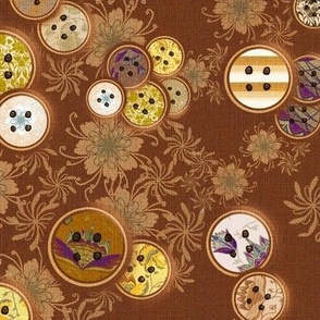 12” repeat Patterned vintage scattered buttons on whispy flowers with faux woven burlap texture on brown
