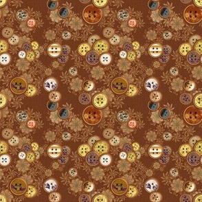 4” repeat Patterned vintage scattered buttons on whispy flowers with faux woven burlap texture on brown