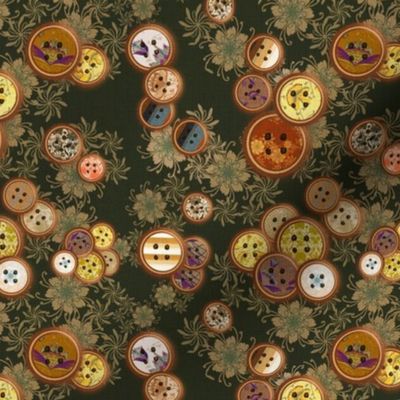 6” repeat Patterned vintage scattered buttons on whispy flowers with faux woven burlap texture on brown