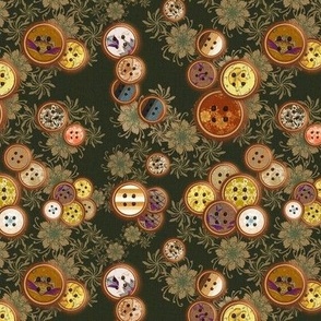 6” repeat Patterned vintage scattered buttons on whispy flowers with faux woven burlap texture on brown