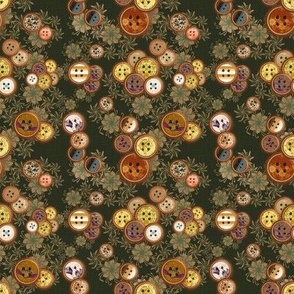 4” repeat Patterned vintage scattered buttons on whispy flowers with faux woven burlap texture on brown
