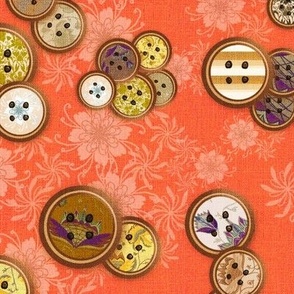 12” repeat Patterned vintage scattered buttons on whispy flowers with faux woven burlap texture on coral