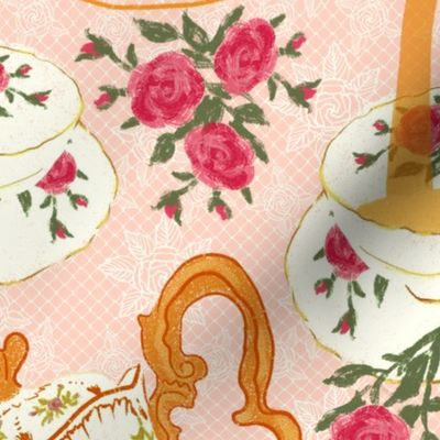 high tea party in Jane Austen style: scones and afternoon treats, tea cup, tea pot , china | gold yellow, blush pink, magenta roses | regency era lace table setting | Jumbo