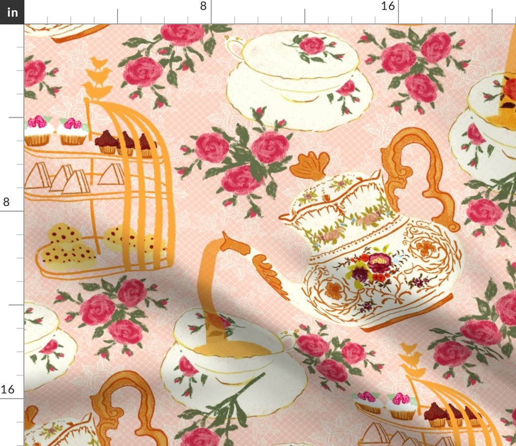 high tea party in Jane Austen style: scones and afternoon treats, tea cup, tea pot , china | gold yellow, blush pink, magenta roses | regency era lace table setting | Jumbo