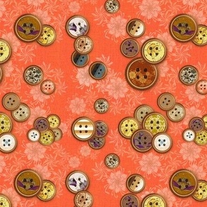 6” repeat Patterned vintage scattered buttons on whispy flowers with faux woven burlap texture on coral