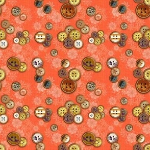 4” repeat Patterned vintage scattered buttons on whispy flowers with faux woven burlap texture on coral