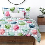 (L) Sweet Macaron Treats Multi Color in Blue Plaid Background
