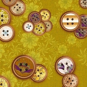 12” repeat Patterned vintage scattered buttons on whispy flowers with faux woven burlap texture on citrine green
