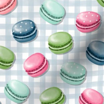 (S) Sweet Macaron Treats Multi Color in Blue Plaid Background