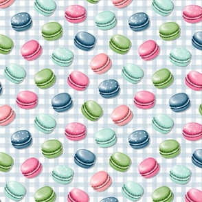 (S) Sweet Macaron Treats Multi Color in Blue Plaid Background