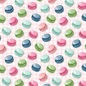 (S) Sweet Macaron Treats Multi Color in Coral Pink Plaid Background