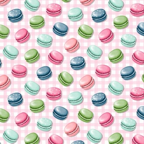(S) Sweet Macaron Treats Multi Color in Pink Plaid Background 