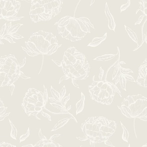 Vintage Modern Tone-on-Tone Peony Sketch in Soft Light Beige and Ivory.