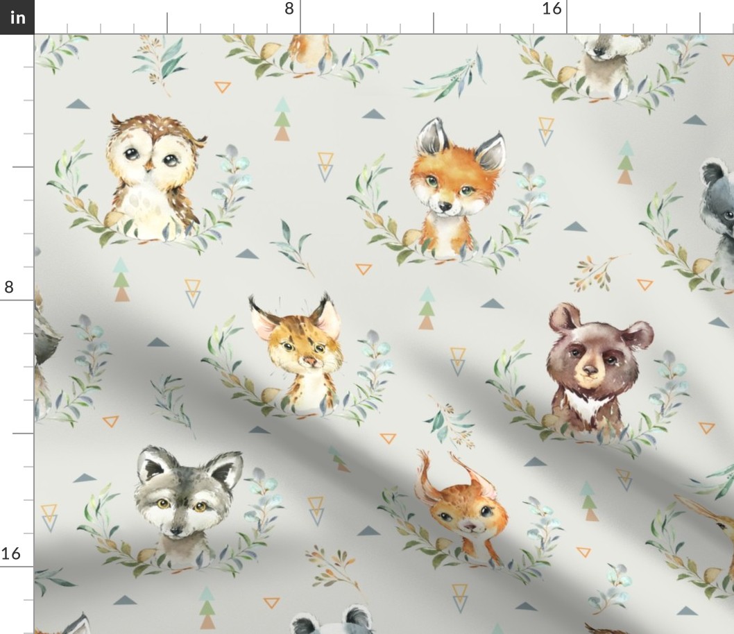 Woodland Animals – Baby Nursery Fabric (eggshell) style A, LARGER scale