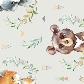 Woodland Animals – Baby Nursery Fabric (eggshell) style A, LARGER scale ROTATED