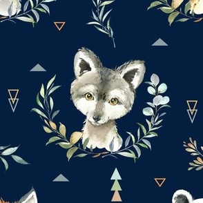 Woodland Animals – Baby Nursery Fabric (navy) style A, LARGER scale