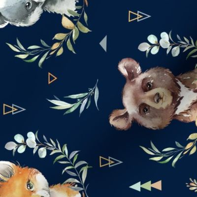 Woodland Animals – Baby Nursery Fabric (navy) style A, LARGER scale ROTATED