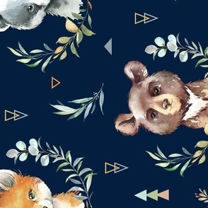 Woodland Animals – Baby Nursery Fabric (navy) style A, LARGER scale ROTATED