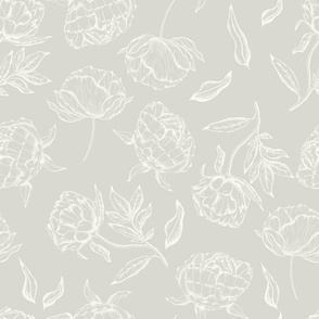 Vintage Modern Tone-on-Tone Peony Sketch in Soft Light Grey and Ivory.