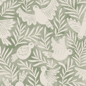 (Lg) Flying Birds in deep sage green