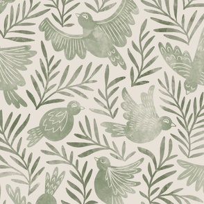 (Lg) Flying Birds in deep sage green