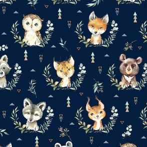 Woodland Animals – Baby Nursery Fabric (navy) style A, SMALLER scale