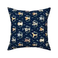 Woodland Animals – Baby Nursery Fabric (navy) style A, SMALLER scale ROTATED