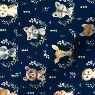 Woodland Animals – Baby Nursery Fabric (navy) style A, SMALLER scale ROTATED