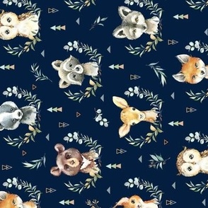 Woodland Animals – Baby Nursery Fabric (navy) style A, SMALLER scale ROTATED