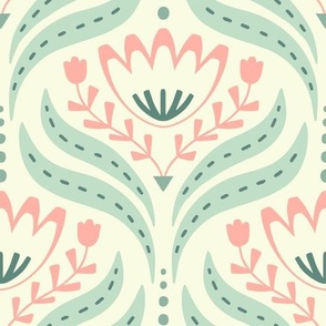 (M) Scandi Florals with a retro vibe  with blooms in green, pink on solid cream background  