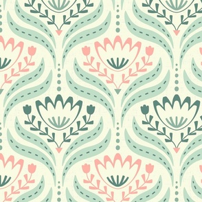 Alternating Scandi Florals with a retro vibe  with blooms in green, pink and textured back  // M