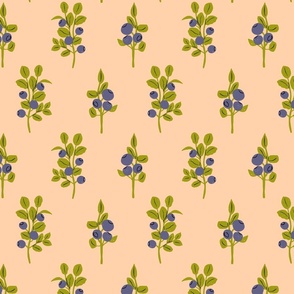 Wild Bilberry Branches with Blue Berries  and Green Leaves on Yellow Background, Modern Farmhouse Style, Forest Berry 