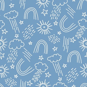 Whimsical Weather, Rainbows, Clouds, Sunshine, Minimal Line Drawings of Weather Elements, Stars, Nature, Thunderstorms - White on Coastal Blue