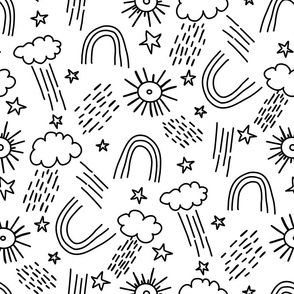 Whimsical Weather, Rainbows, Clouds, Sunshine, Minimal Line Drawings of Weather Elements, Stars, Nature, Thunderstorms - Black and White 