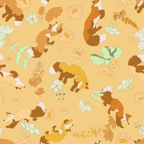 Woodland Foxes and Flowers Yellow (am24-a4)