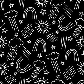Whimsical Weather, Rainbows, Clouds, Sunshine, Minimal Line Drawings of Weather Elements, Stars, Nature, Thunderstorms - White and Black