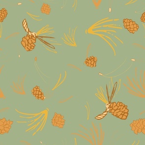 Pinecones and Pine Needles on Green Background (am24-a52)