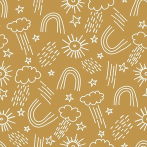 Whimsical Weather, Rainbows, Clouds, Sunshine, Minimal Line Drawings of Weather Elements, Stars, Nature, Thunderstorms - White on Mustard Yellow