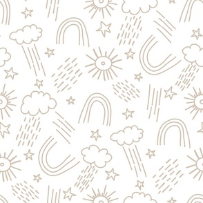 Whimsical Weather, Rainbows, Clouds, Sunshine, Minimal Line Drawings of Weather Elements, Stars, Nature, Thunderstorms - Neutral Tan Beige on White
