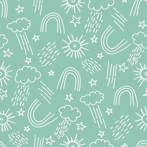 Whimsical Weather, Rainbows, Clouds, Sunshine, Minimal Line Drawings of Weather Elements, Stars, Nature, Thunderstorms - White on Medium Mint Green