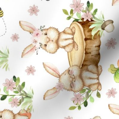 Floral Woodland Animals Bunny Rabbit Ladybug Bee Baby Girl Nursery Rotated 