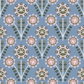 C009 – Small scale bold  dusty grey blue, dark green and blush nude retro vintage symmetrical primitive maximalist floral – for kids apparel, children’s duvet covers and curtains, patchwork, quilting, pillows, tablecloths and funky apparel