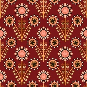 C009 – Small scale bold energetic red and orange retro vintage symmetrical primitive maximalist floral – for kids apparel, children’s duvet covers and curtains, patchwork, quilting, pillows, tablecloths and funky apparel