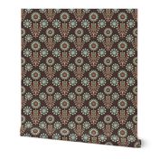 C009 – Small scale bold teal grey, terracotta and brown retro vintage symmetrical primitive maximalist floral – for kids apparel, children’s duvet covers and curtains, patchwork, quilting, pillows, tablecloths and funky apparel