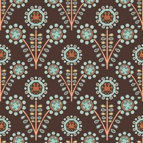 C009 – Small scale bold teal grey, terracotta and brown retro vintage symmetrical primitive maximalist floral – for kids apparel, children’s duvet covers and curtains, patchwork, quilting, pillows, tablecloths and funky apparel