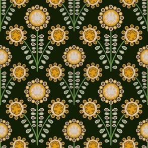 C009 – Small scale bold golden yellow, sage green and dark grey retro vintage symmetrical primitive maximalist floral – for kids apparel, children’s duvet covers and curtains, patchwork, quilting, pillows, tablecloths and funky apparel