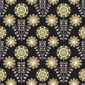 C009 – Small scale bold  olive green, warm charcoal grey and mustard retro vintage symmetrical primitive maximalist floral – for kids apparel, children’s duvet covers and curtains, patchwork, quilting, pillows, tablecloths and funky apparel