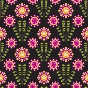 C009 – Small scale bold hot pink, mustard, dark grey and olive green retro vintage symmetrical primitive maximalist floral – for kids apparel, children’s duvet covers and curtains, patchwork, quilting, pillows, tablecloths and funky apparel