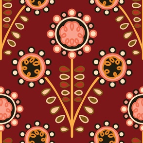 C009 – Large jumbo energetic red and orange scale bold retro vintage symmetrical primitive maximalist floral – for kids decor, wallpaper, duvet covers and curtains, pillows, tablecloths and funky apparel
